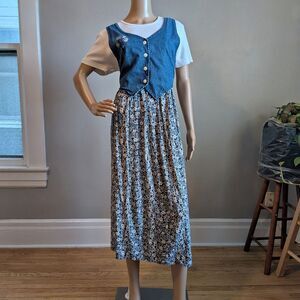 Vintage 90s JR Bentley Cottagecore Dress Denim Vest Floral Embroidered Size L